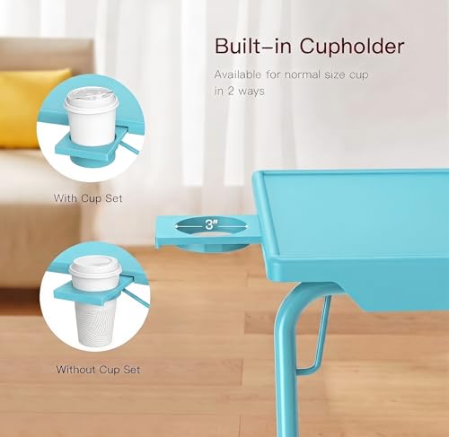 Image of HUANUO Adjustable TV Tray Table - TV Dinner Tray with Cup Holder on Bed & Sofa, Comfortable Folding Table with 6 Height & 3 Tilt Angle Adjustments for Laptop (Azure)