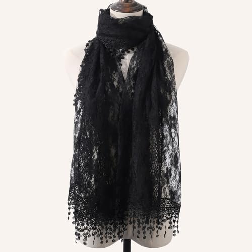 Solid Color Floral Tassel Shawl - Women's Fashionable Lightweight Plumeria Lace Scarf (Black)2