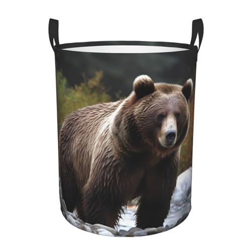 Brown bear print Circular Hamper Waterproof Storage Bin Organizer Basket Laundry Hamper With Handles For Clothes Toys Small
