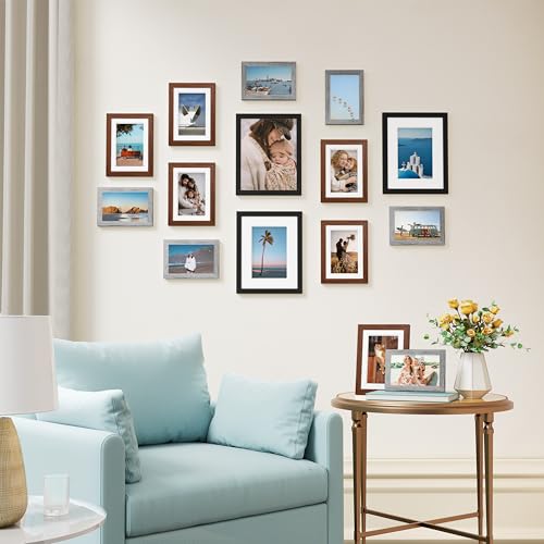 Image of Vittanly 15 Pack Picture Frames Collage Wall Decor, Multi Sizes Including 3pcs 8x10, 6pcs 5x7 and 6pcs 4x6 Photo Frames, Gallery Frame Set for Wall or Tabletop Display, Black, Walnut Brown and Grey