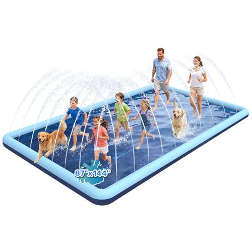 Image of 144 x 87 in Giant Rectangle Splash Pad for Dogs & Kids, Extra Large Non-Slip Sprinkler Pool, Shallow Water Play Mat for Backyard Family Water Fun, Teal