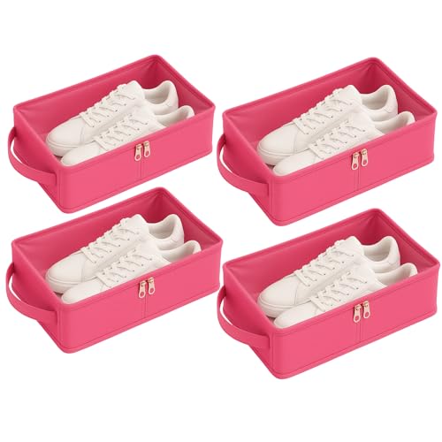 Image of Under Bed Shoe Storage Organizer Box with Clear Plastic Zippered Cover | Foldable Rexine Footwear Bag for Closet, Bedroom & Travel | Dustproof Shoe Holder for Men & Women (Pink, Pack of 4)