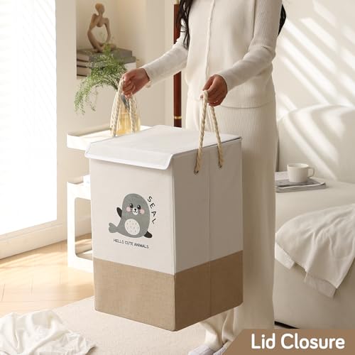 Image of HOKIPO Cardboard Foldable Laundry Basket for Clothes with Lid, Brown - Seal (AR-5317-BR), 53cm, 35cm