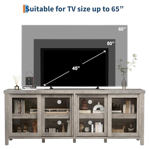 Image of 65 Inch TV Stand for Televisions Up to 70 Inches, Modern Entertainment Center with Storage, 4 Sliding Glass Doors, Mid-Century Style Media Console for Living Room,Gray
