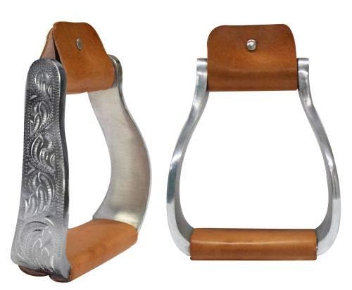 Showman Aluminum Engraved Offset Stirrups w/Leather Tread