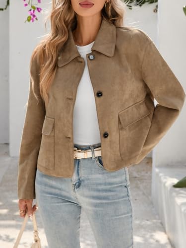 Tankaneo Womens Faux Suede Leather Jackets Casual Cropped Coats Vintage Button Down Shackets2