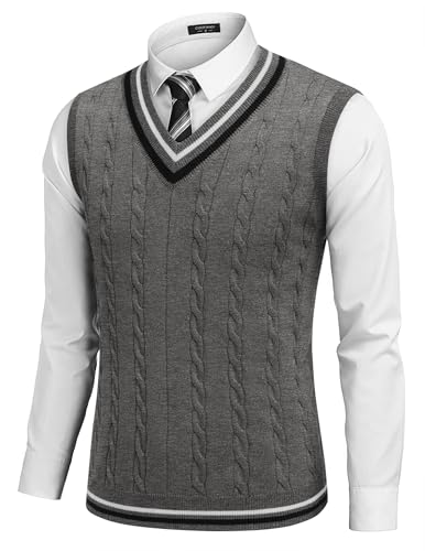 COOFANDY Mens Sleeveless Sweater Vest V Neck Twisted Striped Pullover Vest