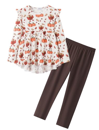 Image of Yekaty Girls Clothes Ruffle Shoulder High Low Hem Long Sleeve Top and Floral Pants 2 Piece Fall Outfits Clothing Set
