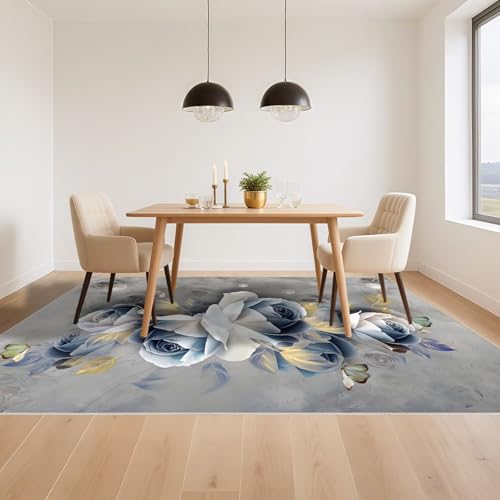 Tapis chambre bébé fille bleu gris 70x140 cm floral moderne - 6