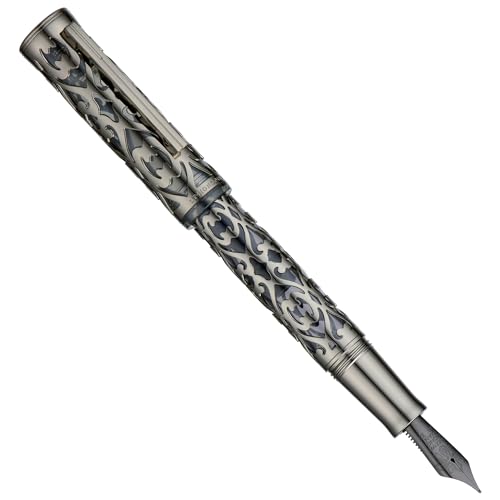 Image of Hongdian D1 Piston Fountain Pen Extra Fine Soft Nib, Jet Black Hollow Skeleton & Resin Pen with Metal Case Set