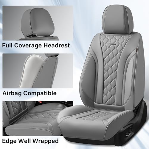 Image of Coverado Leather Seat Covers, Car Seat Covers Full Set, Perforated Diamond Leather Car Seat Cover, Waterproof Car Seat Protector Seat Cushion, Universal 5 Seats Seat Cover Fit for Most Cars, Gray