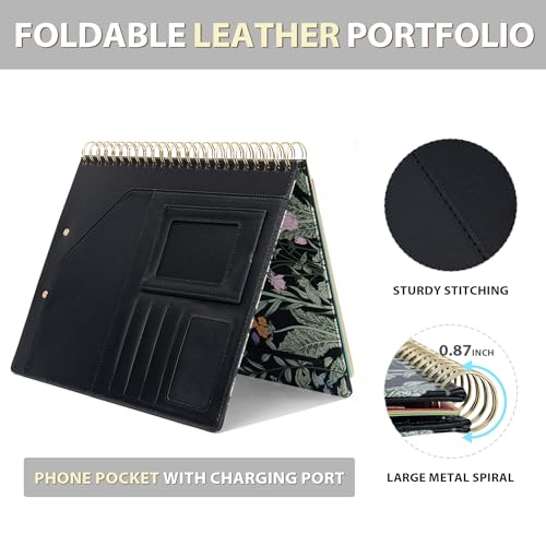 Image of Ospelelf Clipboard with Storage for Women, Leather Padfolio Portfolio Organizer 5 Folders with 10 Pockets, Spiral Clipboard Folio with Notepad for Letter Size, Elastic Closure and Pen Loop Floral