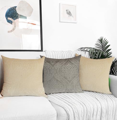 IVAZA Velvet Embossed Fabric Decorative Reversible Cushion Cover 24 x24 Inch - Set of 3, Soft Solid Damask Square Throw Pillow Covers for Sofa, Living Room or Home Decor - 60x60 cm Grey