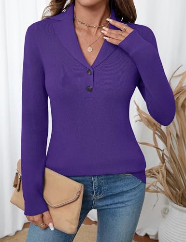 Image of LOMON Sweaters for Women 2025 Fall Knitted V-Neck Collared Button Pullover Dressy Casual Long Sleeve Polo Shirts Business