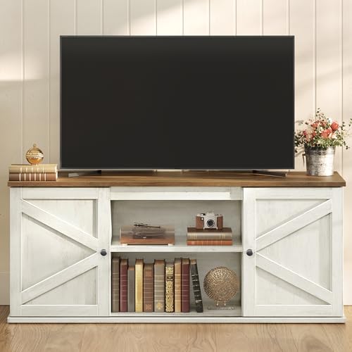 VASAGLE Farmhouse TV Stand for TVs up to 65 Inches, Entertainment Center with Storage Cabinets and Sliding Barn Doors, Media Console Table for Living Room, Rustic White and Honey Brown ULTV5