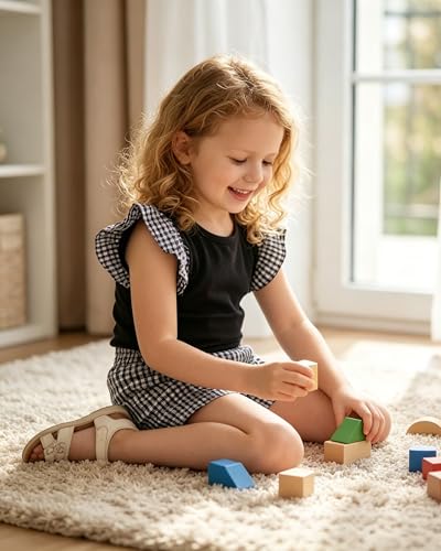 Image of Girls 2 Piece Summer Outfit Cotton Ruffle Sleeve Top Gingham Plaid Shorts Casual Clothes Short Sets Size 5-10