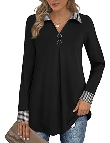 Bebonnie Womens Long Sleeve Casual Lapel V Neck Pullover Tunic Blouse Tops with Buttons