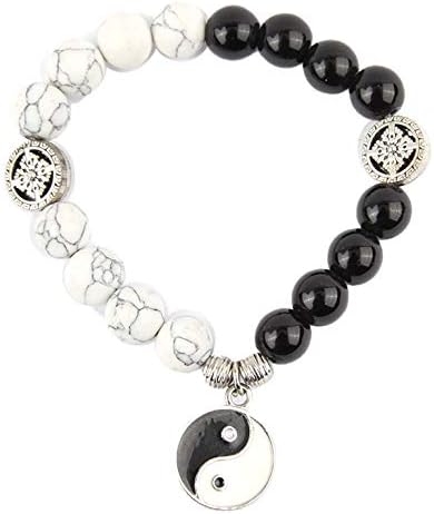 SOUL KARMAHowlite Stone & Black beads With Dorje Yin Yang Charm Bracelet For Healing Protection Nazar Business Career Love Size 10MM, 10 mm, Stone, Howlite