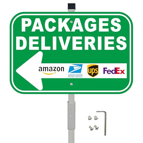 Package Deliveries Sign with Arrow Left Green Aluminum 12x8 Inch with 28 Inch Stakes for Amazon FedEx USPS UPS Delivery Instructions