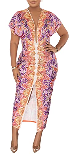 Image of Womens Sexy Cap Sleeeve Deep V Neck Ruffles Printed Bodycon Split Party Clubwear Dress