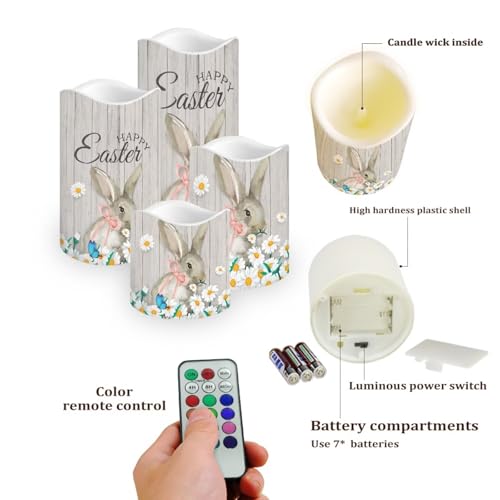 Image of Easter Bunny Daisy Plastic Flameless Candles with Remote Control and Timer LED Flickering Battery Electric Pillar Candles for Table Easter Decoration