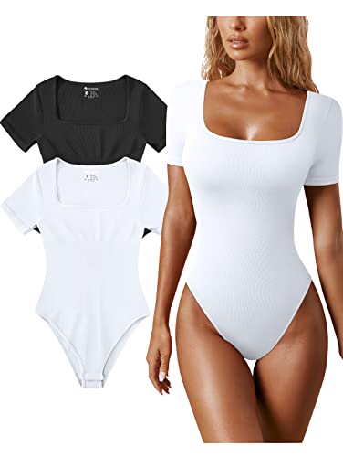 Image of OQQ 2 Piece Bodysuits for Women Square Neck Short Sleeve Bodysuit Basic Ribbed Seamless Bodysuit