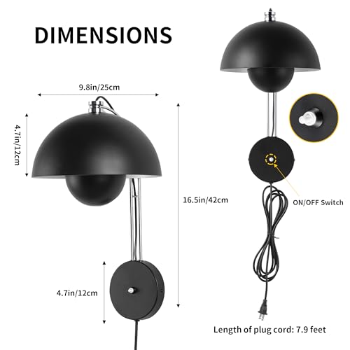 Image of Mid-Century Modern Bud Plug in Wall Sconces for Bedroom, Glossy Black | Indirect lighting reading wall lamp, all-metal construction, plug-in or hardwired install, fits bedroom bedside, living room
