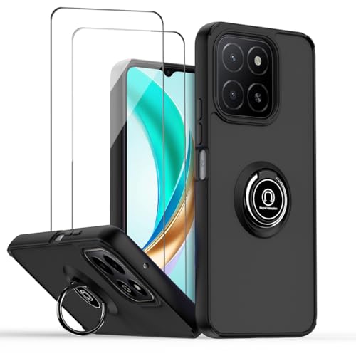 QUIETIP Case Compatible with Honor X5b & X5b Plus with Screen Protector,TPU + Hard PC Magnetic Ring Car Mount Stand Cover,Black