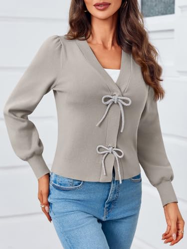 Image of Saodimallsu Womens Bow Button Front Cardigan Sweaters V Neck Cropped Knit Sweater