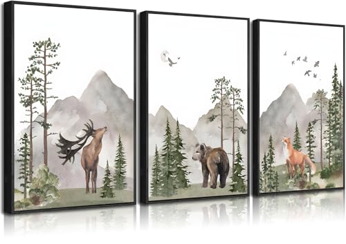 Woodland Nursery Wild Animals Forest Wall Art Posters Adventure Theme Watercolor Deer Bear Fox Pictures Paintings Beige Green Canvas Prints for Boys Room Girls Room, Set 3.15 x 24 pulgadas/sin marco