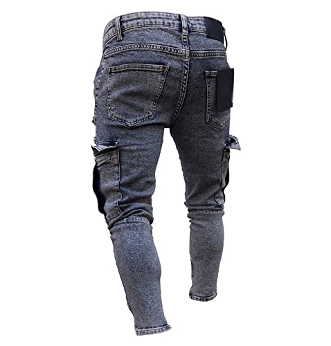 Men Trend Vintage Ripped Skinny Jeans Multi Pockets Stretch Slim Denim Trousers Retro Washed Moto Fit Hole Pants (Dark Blue,Small,5,OZ)3