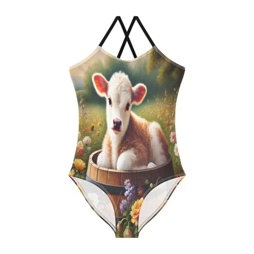 Flowers Cow Grass Bathing Suits for Girls Kids Swimsuits Swimsuits One Piece Summer Beach Swimwear