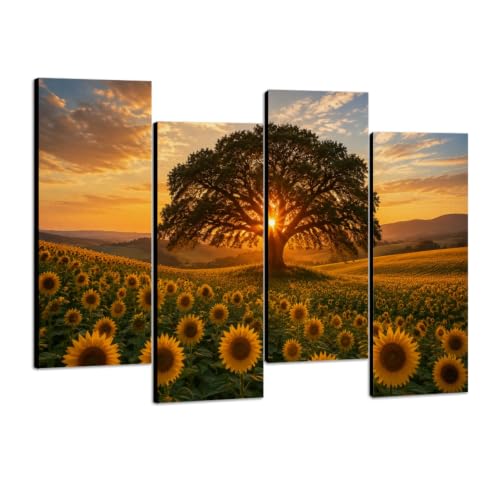 4 Pcs Canvas Wall Art Sunset Tree Sunflower Fields Serene Landscape Photo Prints Realism Stretched and Framed Artworks Modern Wall Decor for Living Room Bedroom Office