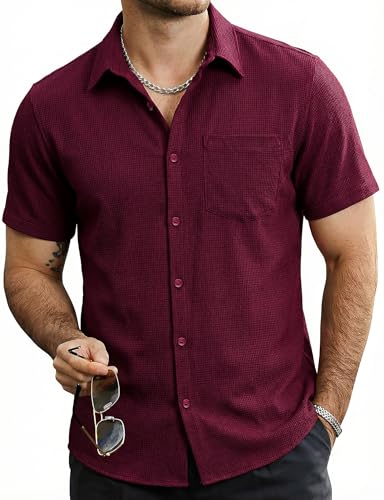 AOTIK Mens Button Down Short Sleeve Shirts Casual Waffle Summer Shirts Beach Vacation Shirt Large Burgundy