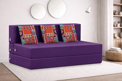 Image of Rosebell Three Seater Foldable Sofa Cum Bed (5x6 Feet) ? Jute Fabric, Washable Removable Cover, Includes Cushion | Space Saving Convertible Sofa Bed for Home, Office & Guests - Purple