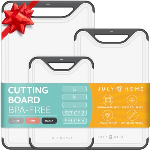Cutting Boards for Kitchen - Plastic Cutting Board Set of 3, Dishwasher Safe Cutting Boards with Juice Grooves, Thick Chopping Boards for Meat, Veggies, Fruits, Easy Grip Handle, Non-Slip (Black)