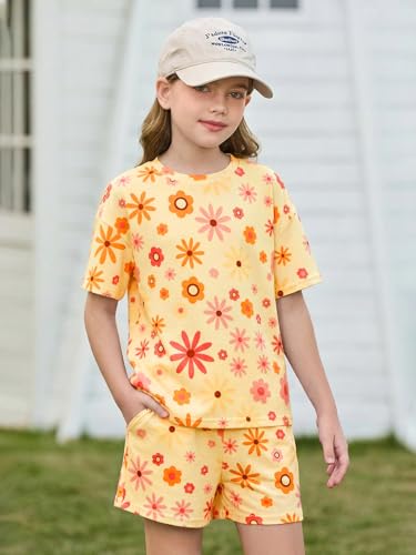 Image of Haloumoning Girls Summer 2 Piece Outfits Kids Oversized T Shirts and Shorts Clothing Sets 5-14 Years