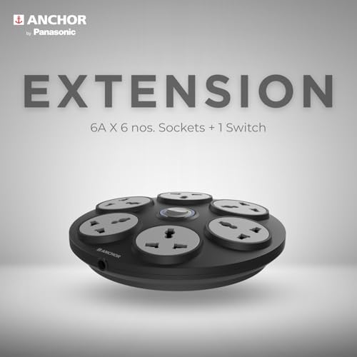 Image of Anchor by Panasonic 6 Universal Socket Extension Board, 6A Spike Guard with 2-Meter Heavy Duty Cord for Home and Office Usage, 6 Way Power Strip with LED Indicator, Matt Finish