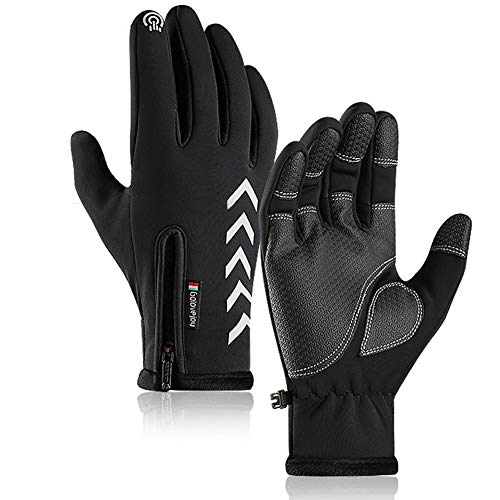 アウトドアグローブ 防寒手袋【2020最新改進版・高輝度反射ストリップ】【裏起毛・五指タッチパネル対応・滑り止め付き】サイクリング手袋 バイクグローブ 防水 保温 自転車 バイク 登山 男女兼用(ブラック, L)