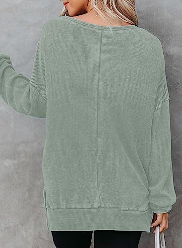 Dokotoo Womens Waffle Knit Oversized Sweatshirt for Women Plus Size Early Fall Fashion 2025 Long Sleeve Tops Shirts Cute Crewneck Sweatshirts Soft Casual Pullover Tunic Trendy Clothes Green X-Large