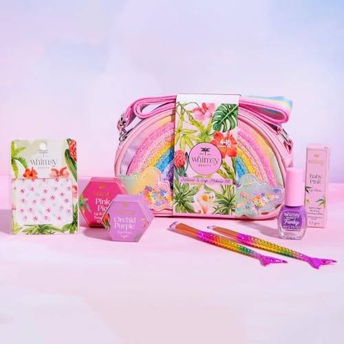 Whimsy Beauty Organic & Safe Sling Bag Makeup Kit | Safe, Non Toxic Beauty Set for Preteen & Teen Girls |Lip & Cheek Tint, Lip Gloss, Eye Glitter & Nail Polish | Vegan & Cruelty Free (Pack of 7)