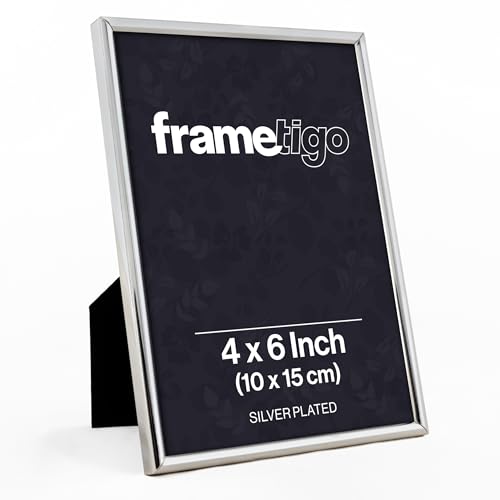Frametigo - Silver Plated Thin Edge Photo Frame, 4x6 (10x15cm) Photo Size - Velvet Frame Backing & Stand - Real Glass Window - Tarnish-Resistant - Landscape or Portrait Orientation