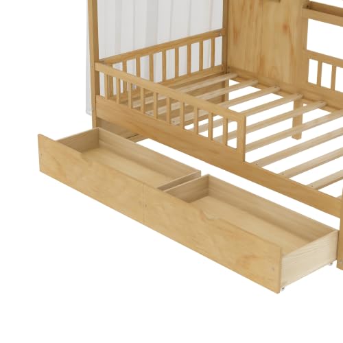 Image of Bellemave Twin House BedFrame with Canopy and Storage Drawers, Montessori Bed, House Bed with Rails for Kids, Natural