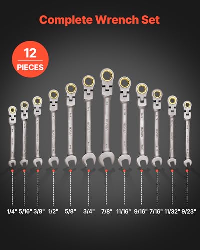 Image of VEVOR Flex-Head Ratcheting Wrench Set, 12-Piece SAE Sizes, 72 Teeth, Cr-V Steel Ratchet Flexible Combination Wrench Set with Roll Up Pouch, for General Household and Automotive Repairs, Gray Nickel