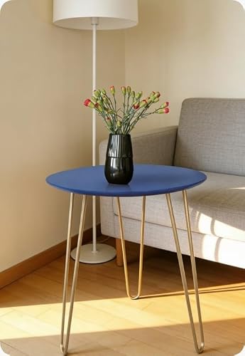 Image of FAHD TRADERS Round Side Table 40x40x45cm | Modern Coffee Table with Metal Hairpin Legs | Small Accent Table for Living Room, Bedroom, Sofa, Bedside & Office (Blue/White) (Blue)