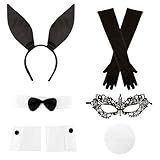 Norbiariz 8 Pcs Bunny Costume Set Rabbit Ear Headband Collar Bow Tie Cuffs Rabbit Tail Lace Eye Mask for playboy bunny costume Halloween Easter Party