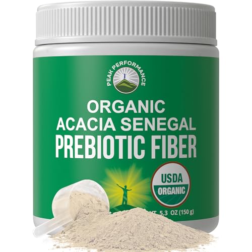 Peak Performance Organic Acacia Senegal Prebiotic Fiber Powder - Unflavored USDA Plant Based Soluble Vegan Prebiotics Gut Health Supplement with Digestive Enzymes 5 oz