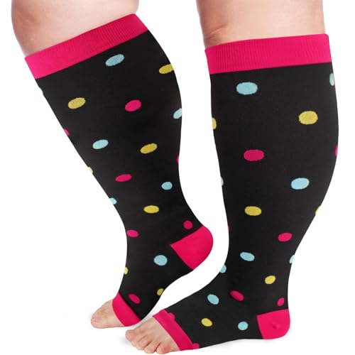 Image of LOUSGUTA Open Toe Plus Size Compression Socks for Women & Men 15-20 mmhg Toeless Wide Calf Compression Support Knee High Socks