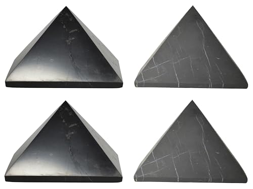 Shungite World 4 pcs Authentic Shungite Pyramids Set Polished and Unpolished 80 mm / 3.14" Chakra Energy Natural Healing Crystal Home Office Protection Desk Decor Meditation Reiki Grounding Stone