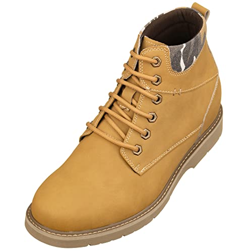 CALTO Men's Invisible Height Increasing Elevator Shoes - Nubuck Khaki Leather Lace-up Round-Toe Work Boots - 3.2 Inches Taller - YH7830 - Size 12 D(M) US